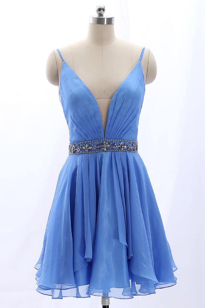 MACloth Straps V Neck Chiffon Short Prom Homecoming Dress Blue Wedding Party Dress