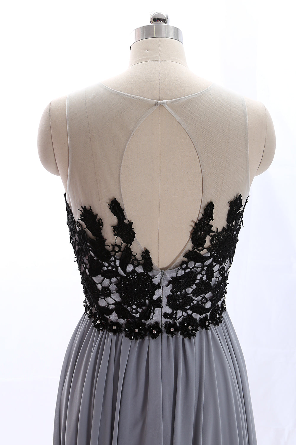 MACloth O Neck Lace Chiffon Gray Vintage Long Prom Dress Formal Evening Gown