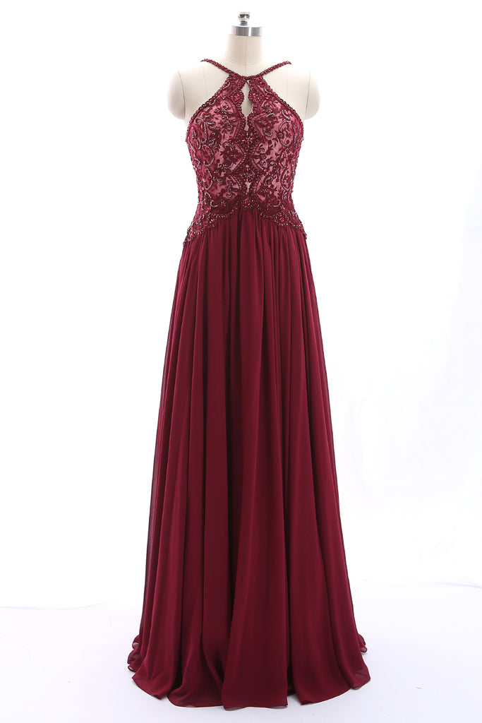 MACloth Halter Lace Beaded Chiffon Burgundy Long Prom Dress Formal Evening Gown