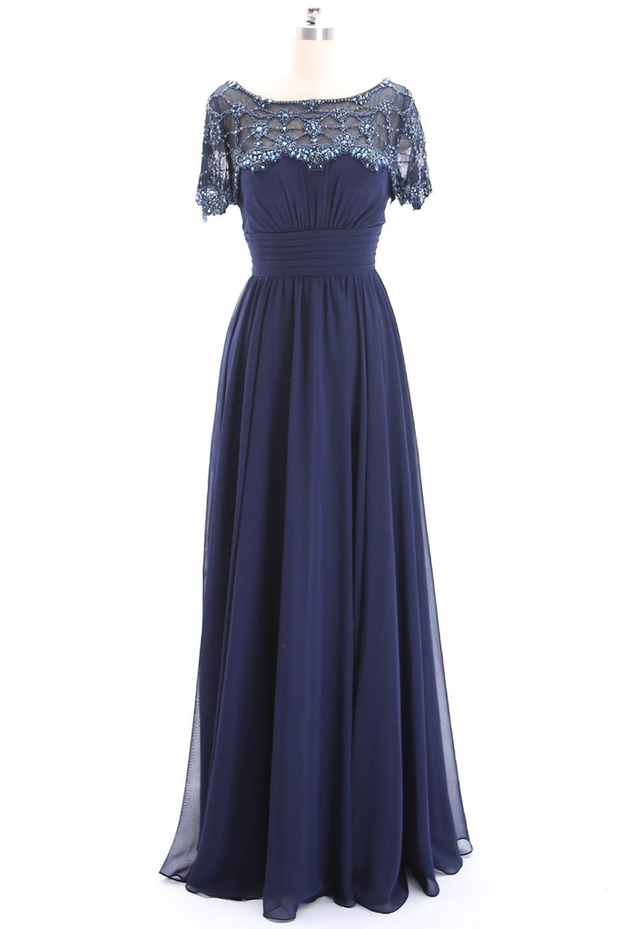 MACloth Short Sleeves Beaded Dark Navy Formal Evening Gown Mother of the Brides Gown