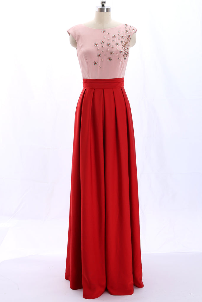 MACloth Scoop Neck Beaded Red Long Formal Evening Gown Wedding Party Dress 360046