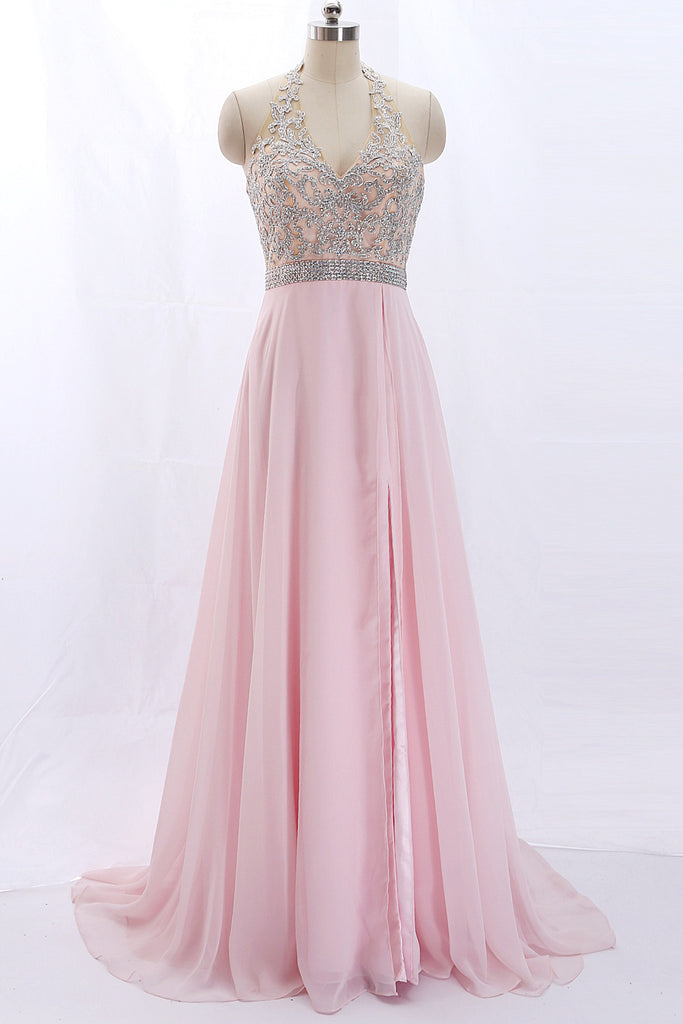 MACloth Halter V Neck Lace Chiffon Pink Prom / Pageant Dress with Slit