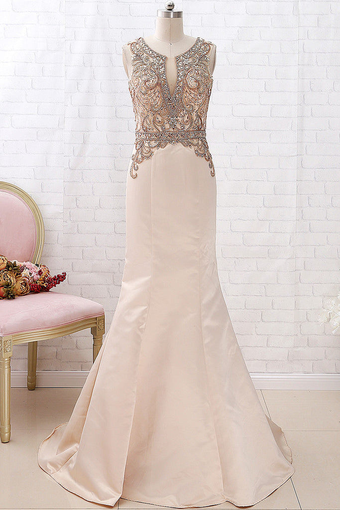 MACloth Mermaid V Neck Beaded Champagne Pageant Prom Dress Formal Evening Gown