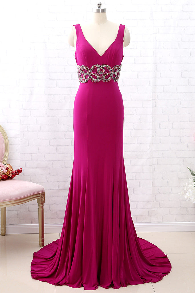 MACloth Sheath Straps V Neck Jersey Fuchsia Prom Dress Formal Evening Gown