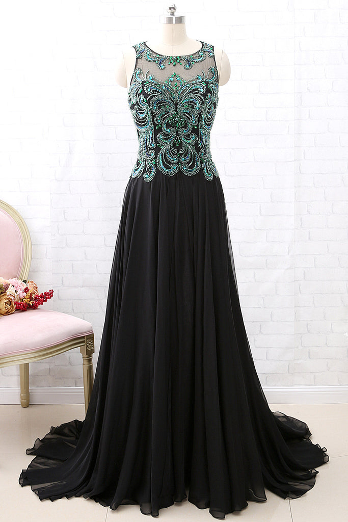 MACloth Träger Grün Perlen Schwarz Chiffon Langes Ballkleid Formales Abendkleid