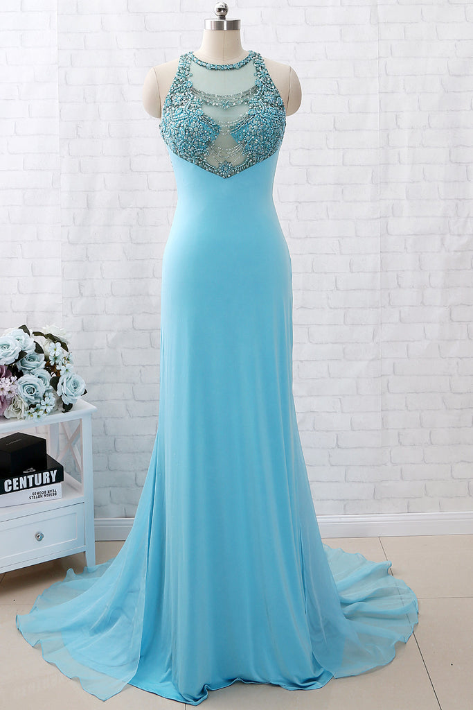 MACloth Sheath Straps Beaded Jersey Long Prom Dress Blue Formal Evening Gown