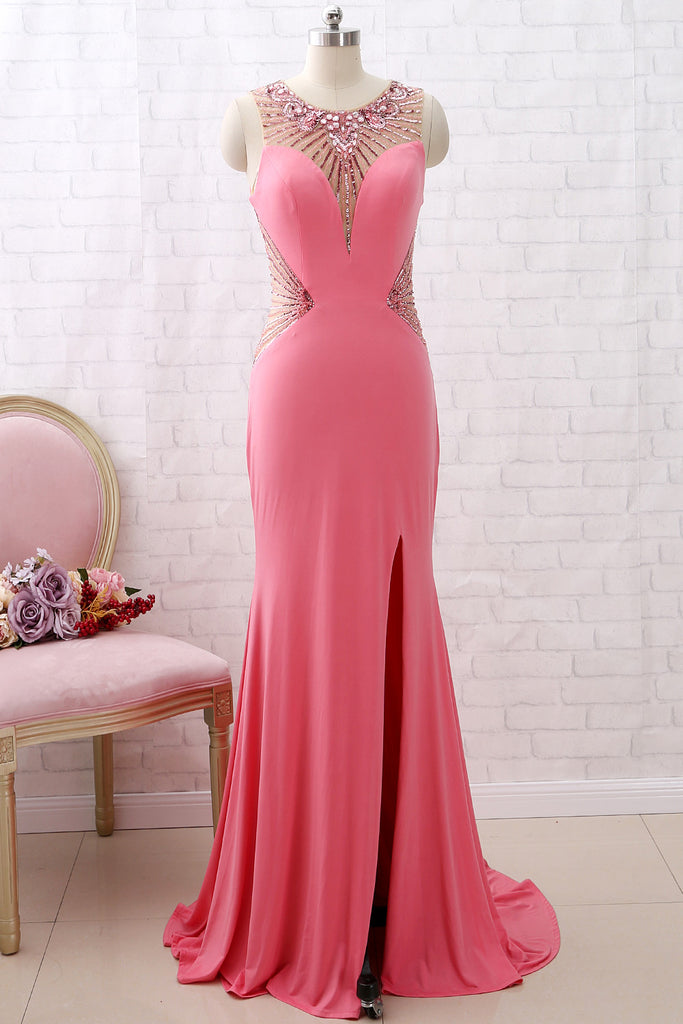 MACloth Sheath O Neck Jersey Long Prom Dress Rose Formal Evening Gown with Slit