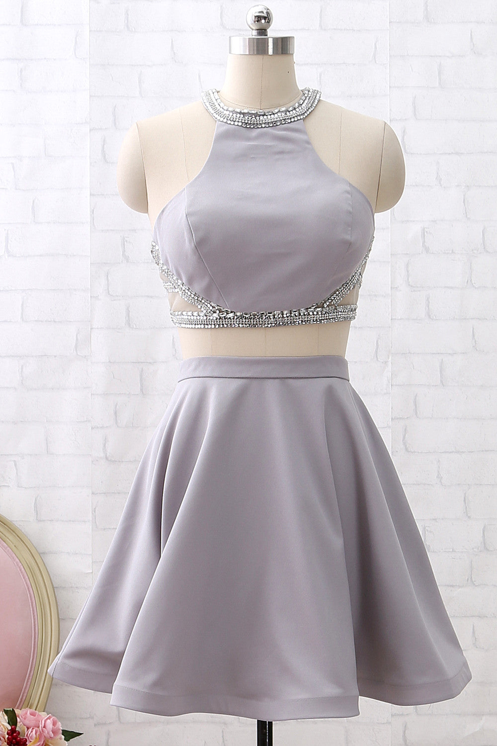 Macloth Two Piece Short Silver Mini Prom Homecoming Dress Wedding Party Dress Custom Color / Above Knee / US10