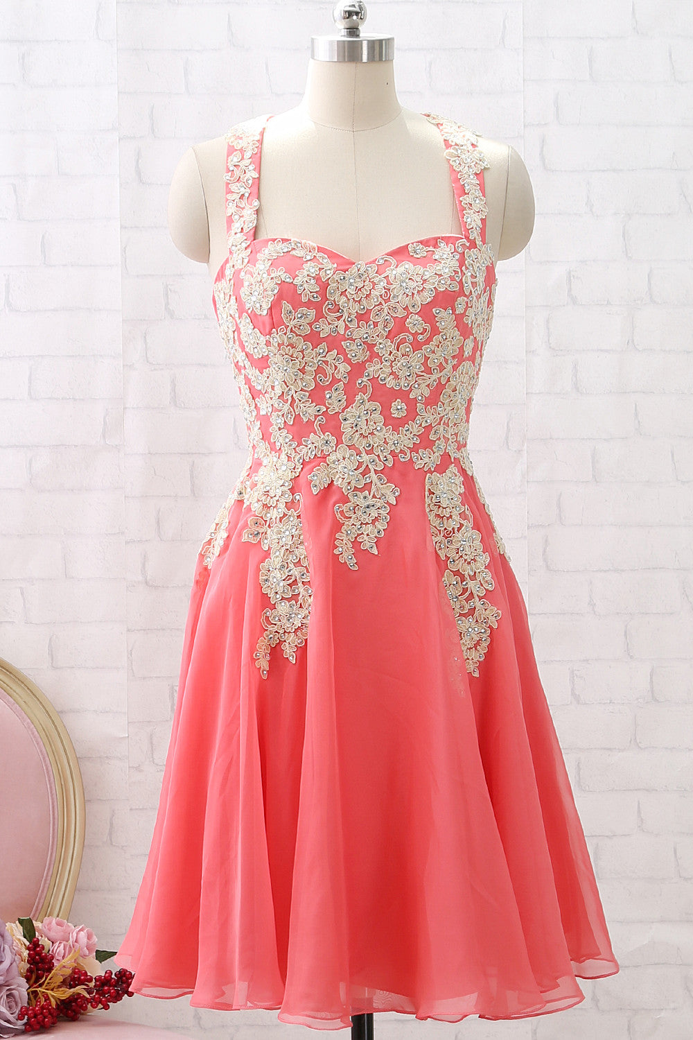 Macloth Straps Lace Chiffon Coral Short Prom Homecoming Dress Wedding Party Dress Custom Color / Above Knee / US6