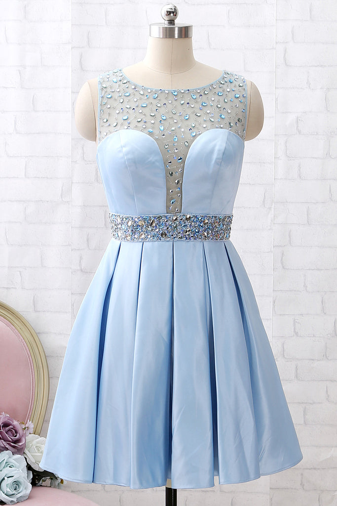 MACloth Straps Scoop Neck Beaded Short Prom Homecoming Dress Sky Blue Wedding Party Dress