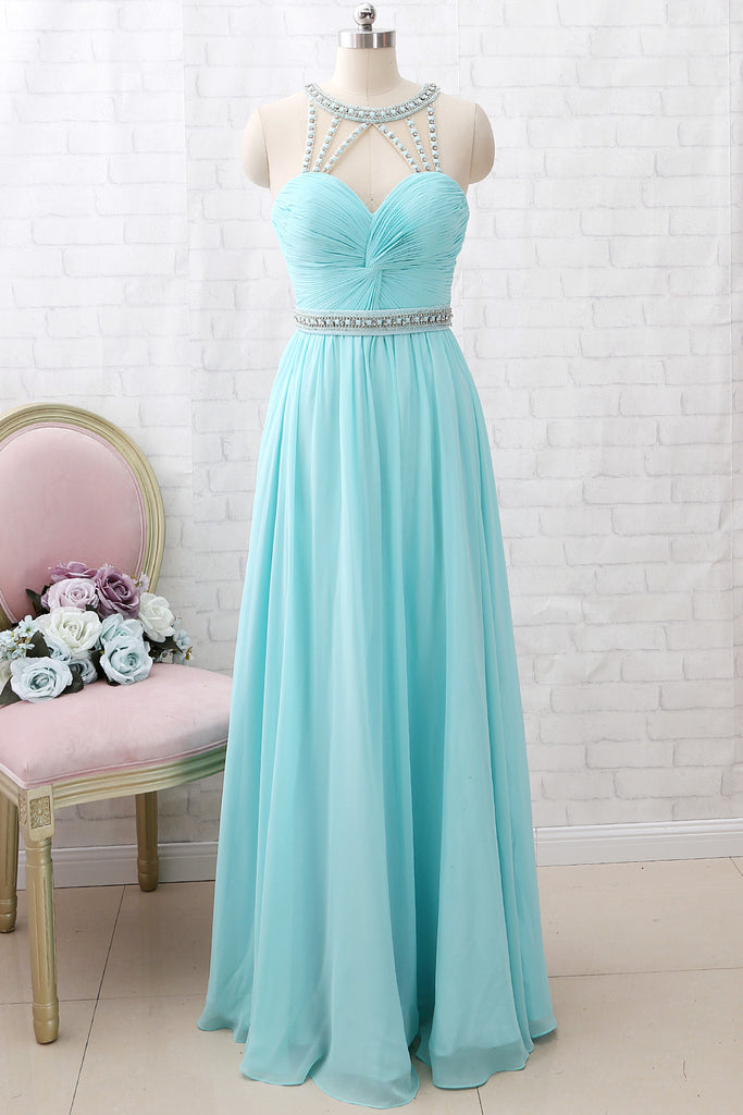 MACloth Straps O Neck Crystals Chiffon Long Prom Dress Aqua Formal Party Dress