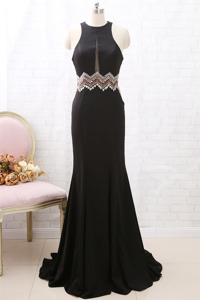 MACloth Mermaid Halter O Neck Black Long Prom Dress Formal Evening Gown