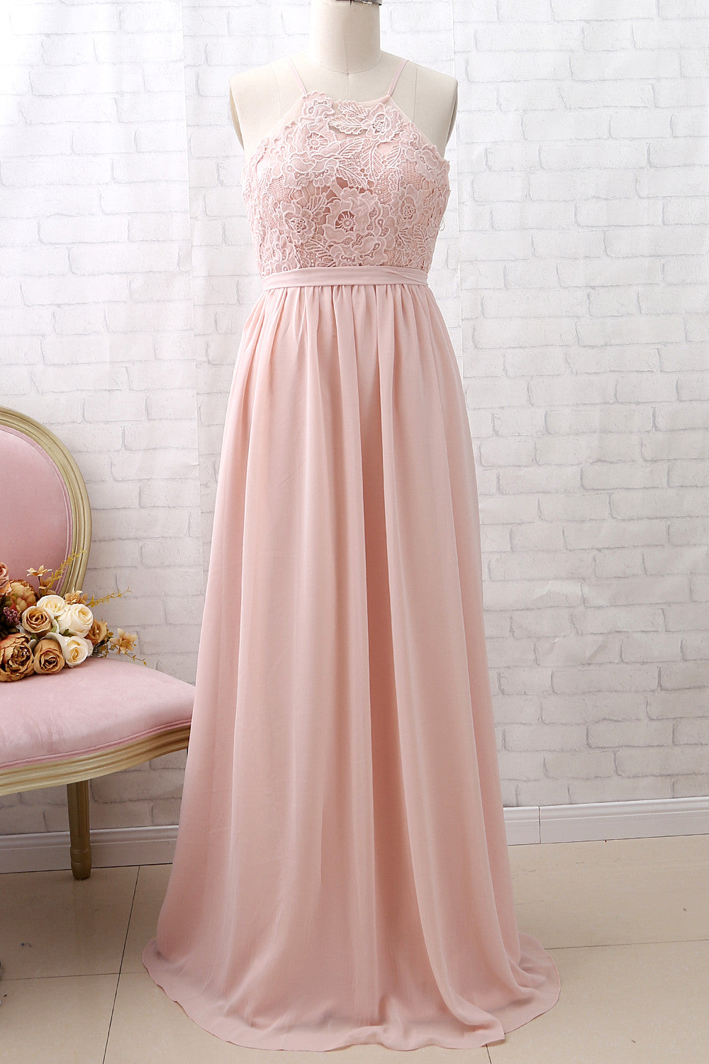 MACloth Halter Lace Chiffon Long Dusty Pink Bridesmaid Dress Simple Formal Evening Gown Dusty Pink / Above Knee / US16 MACloth Halter Lace Chiffon Long Dusty Pink Bridesmaid Dress Simple Formal Evening Gown Dusty Pink / Above Knee / US16