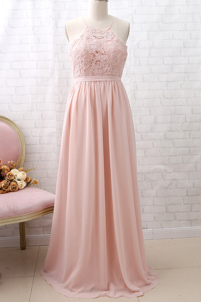 Vestido de dama de honor largo de gasa con encaje y cuello halter de MACloth en color rosa polvoriento, vestido de noche formal sencillo