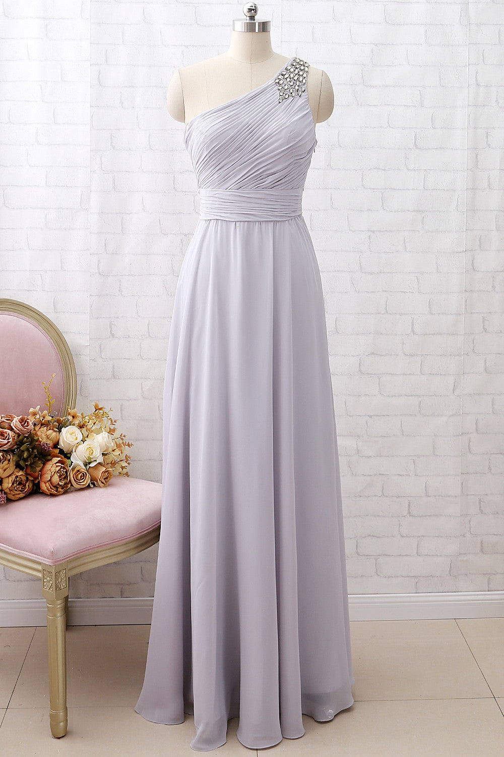 MACloth One Shoulder with Beaded Long Bridesmaid Dress Silver Formal Party Dress Silver / Above Knee / US14