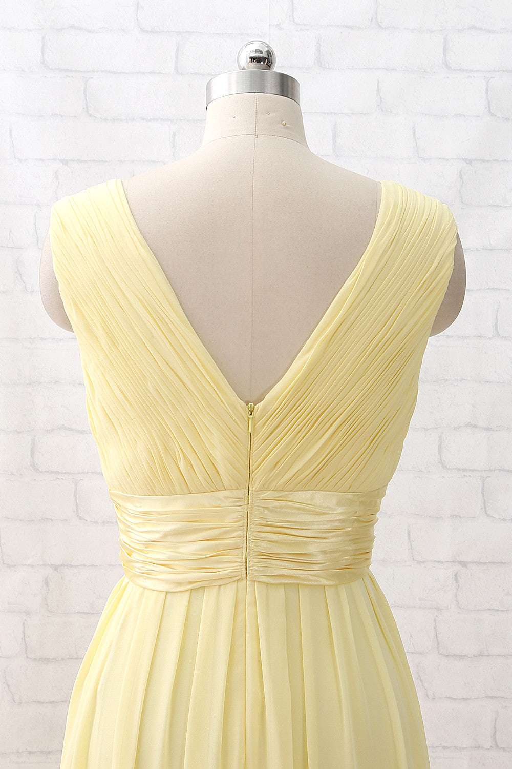 MACloth Straps V neck Chiffon Long Bridesmaid Dress Yellow Formal Party Dress