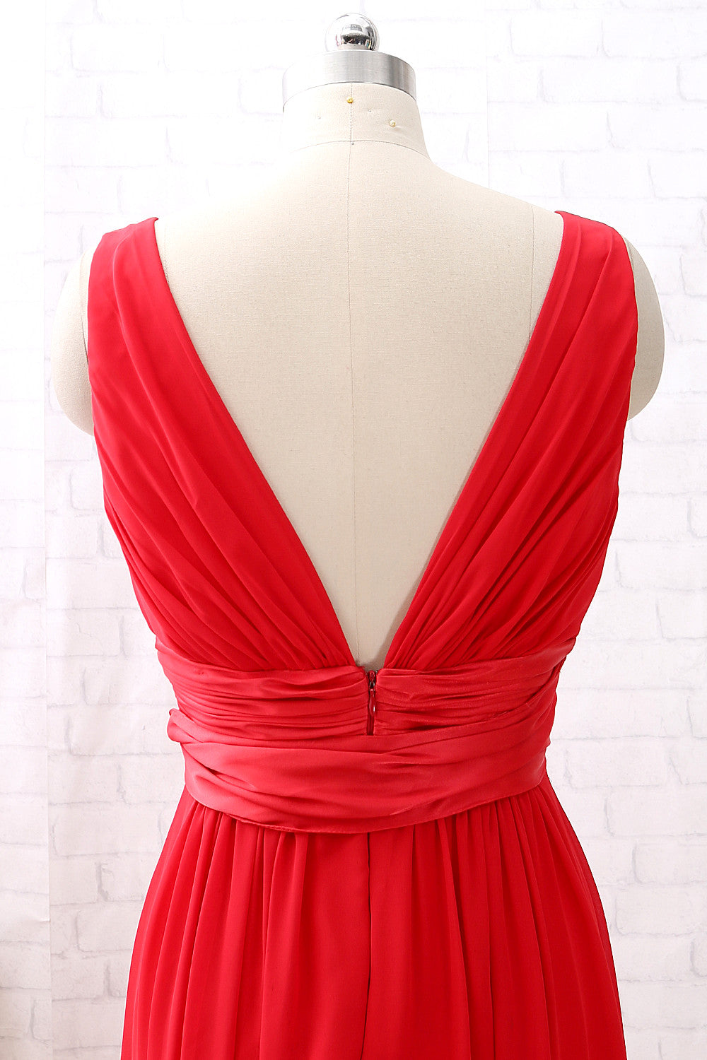 Vestido de dama de honor largo de gasa con escote en V y tirantes MACloth con cinturón, vestido de noche formal rojo
