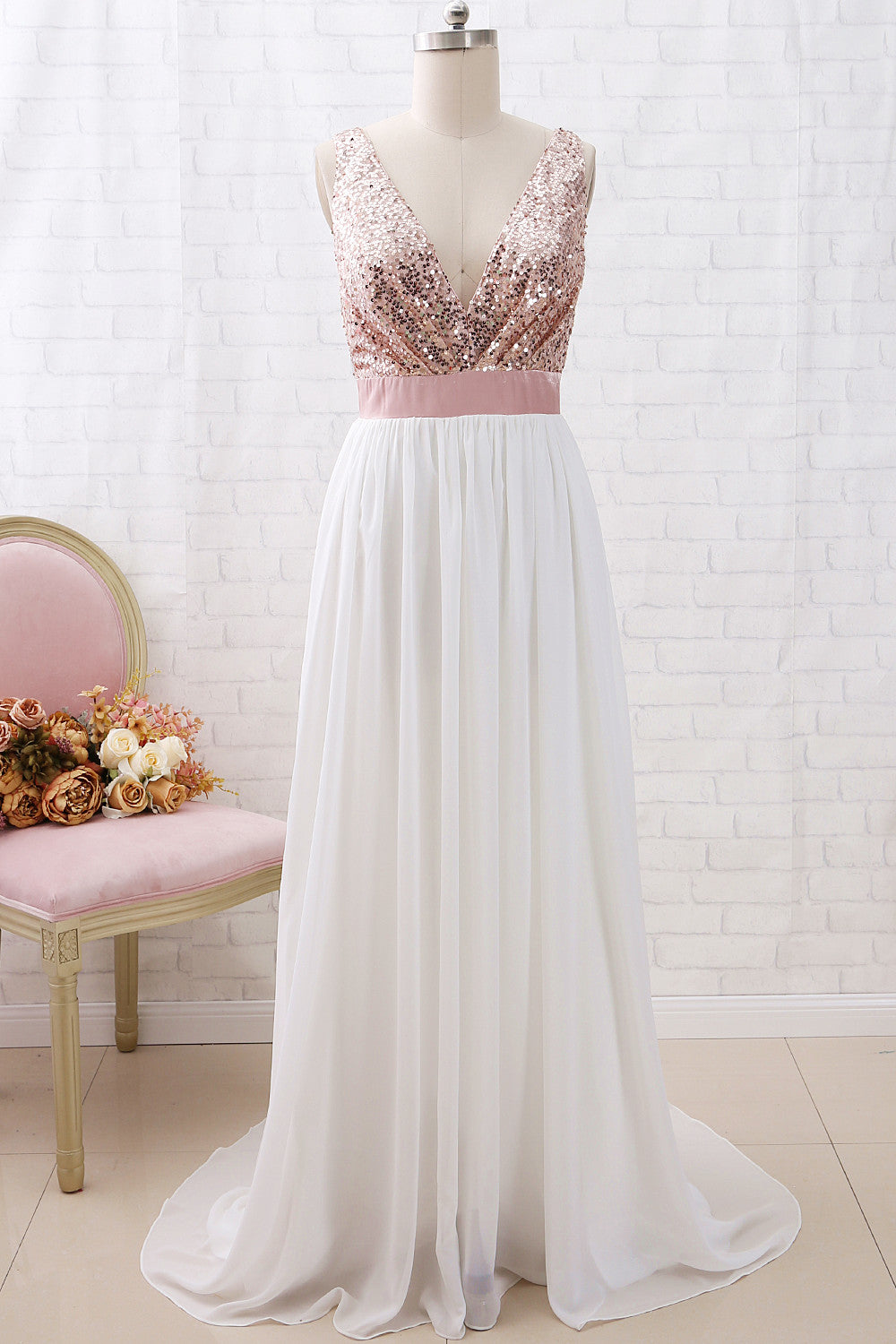 MACloth Straps V Neck Sequin Chiffon Long Prom Dress Rose Gold Formal MACloth Straps V Neck Sequin Chiffon Long Prom Dress Rose Gold Formal