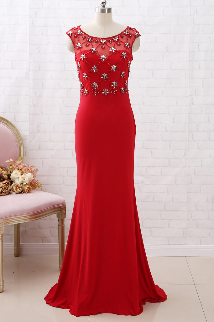 MACloth Cap Sleeves Sheath Beaded Long Prom Dress Red Formal Evening Gown