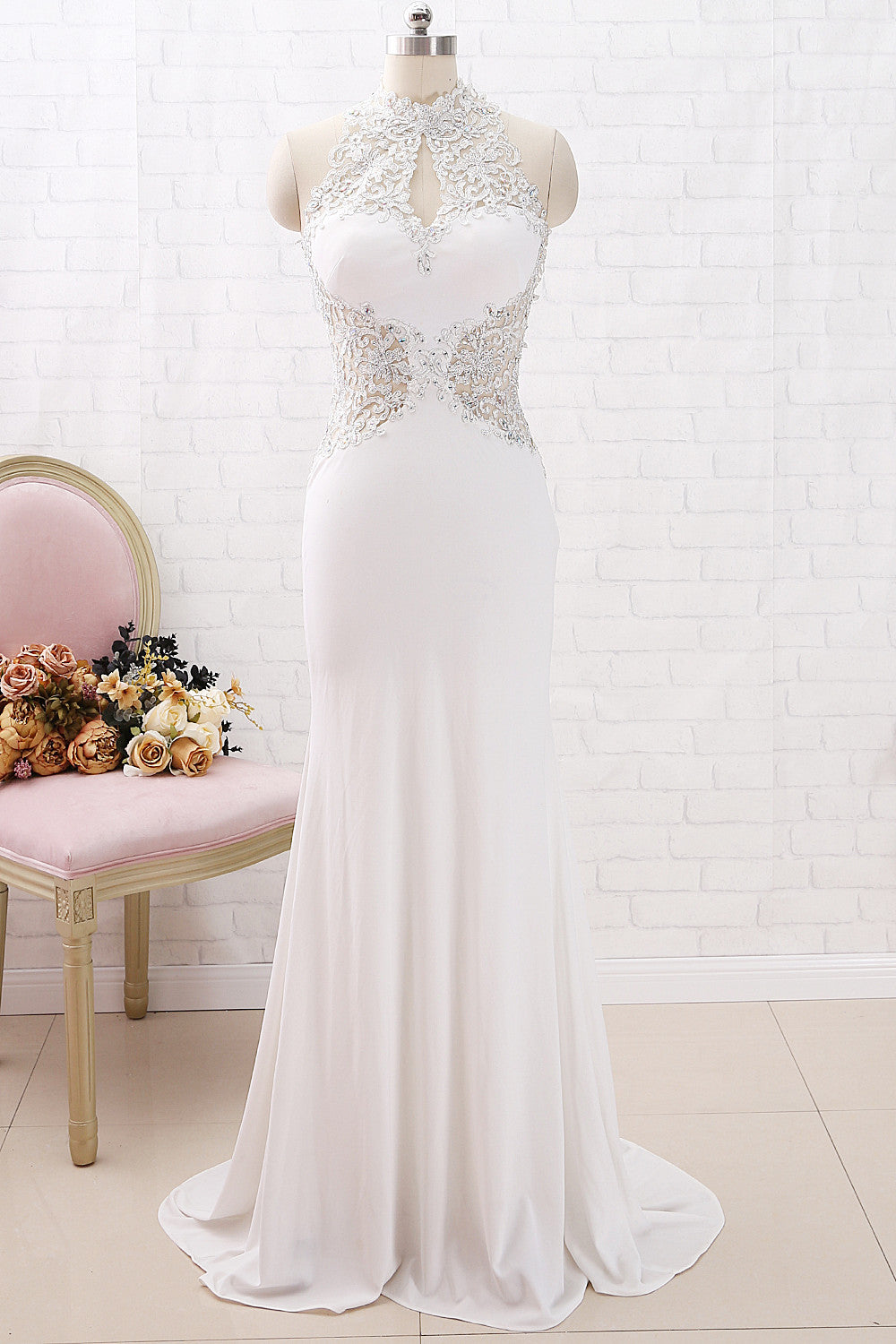 MACloth Mermaid Halter High Neck Lace Jersey Long Prom Dress Ivory For MACloth Mermaid Halter High Neck Lace Jersey Long Prom Dress Ivory For