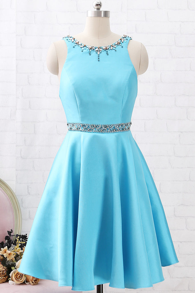 MACloth Träger O-Ausschnitt mit Kristallen Kurzes Ballkleid Homecoming-Kleid Blaues Hochzeitspartykleid