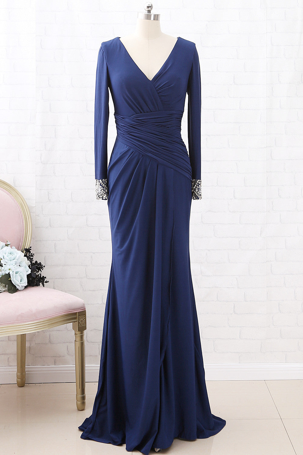 MACloth Long Sleeves V Neck Jersey Long Mother of the Brides Dress Green Formal Evening Gown