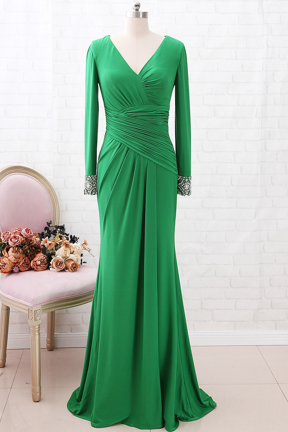 MACloth Long Sleeves V Neck Jersey Long Mother of the Brides Dress Green Formal Evening Gown Custom Color / Above Knee / Custom Size