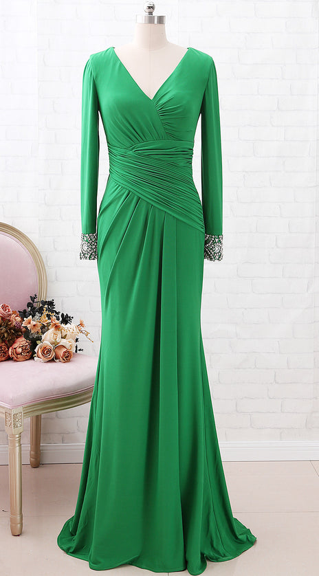 MACloth Long Sleeves V Neck Jersey Long Mother of the Brides Dress Green Formal Evening Gown