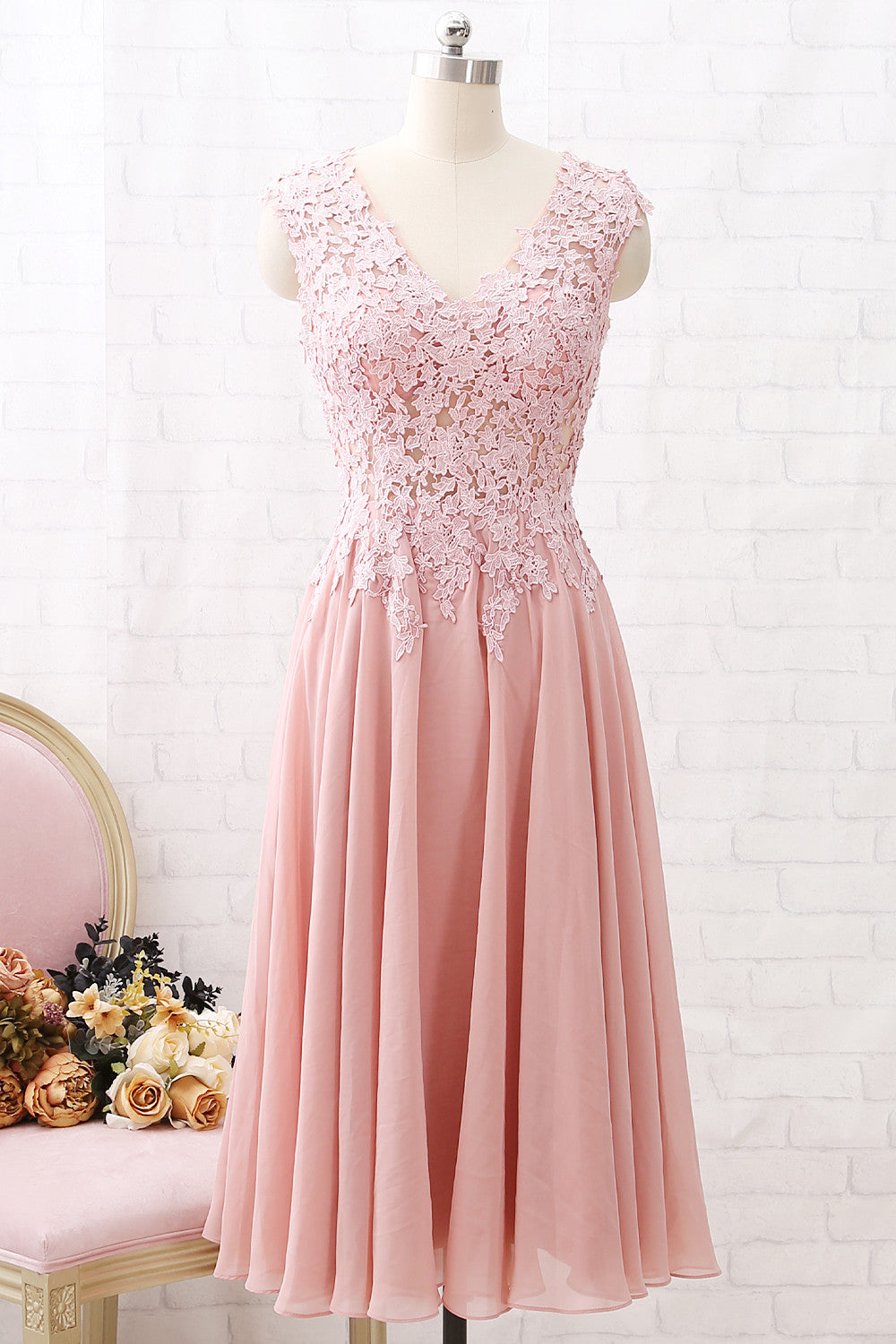 MACloth V Neck Lace Illusion Midi Prom Homecoming Dress Dusty Pink Formal Party Dress Custom Color / Above Knee / US10 MACloth V Neck Lace Illusion Midi Prom Homecoming Dress Dusty Pink Formal Party Dress Custom Color / Above Knee / US10
