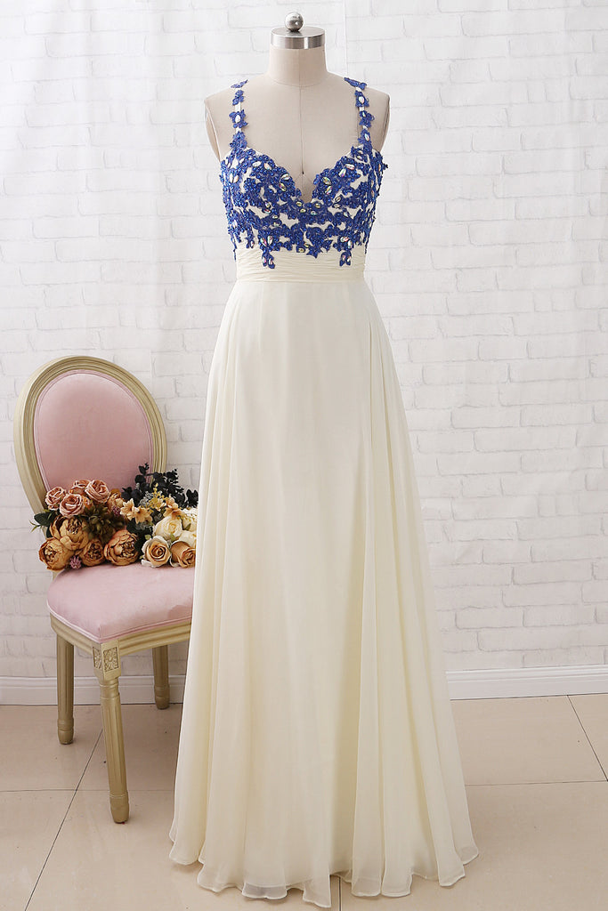 MACloth Träger V-Ausschnitt Spitze Chiffon Langes Ballkleid Königsblau Elfenbein Abendkleid