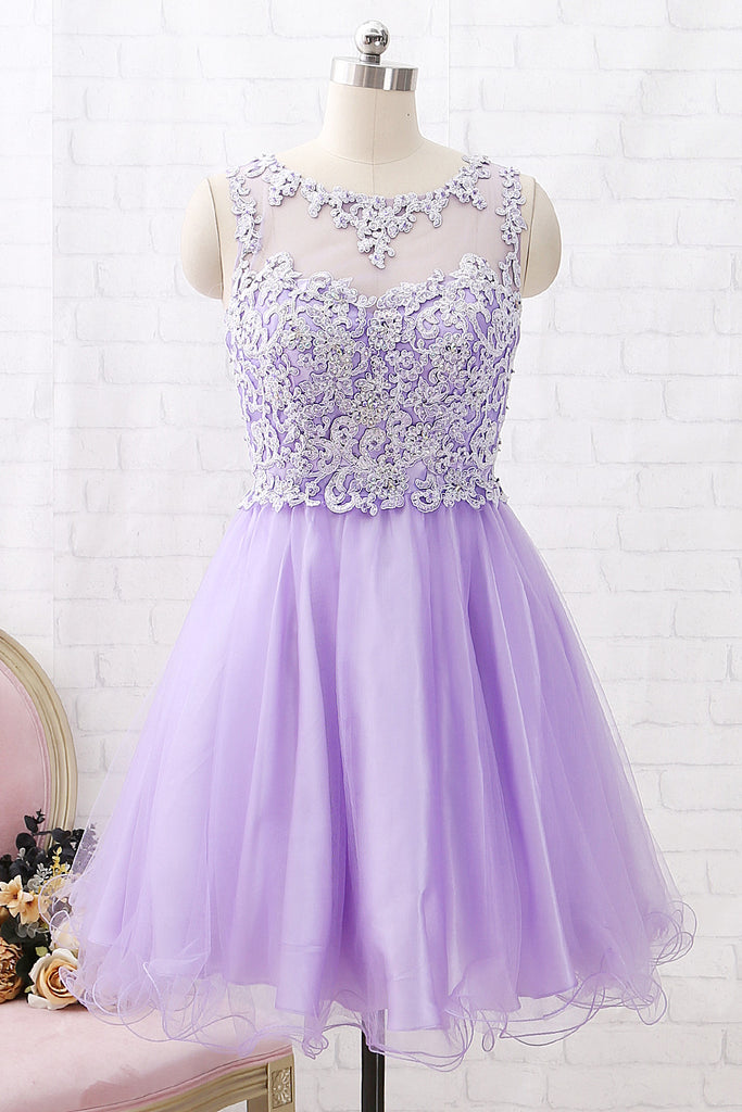MACloth Straps O Neck Lace Tulle Mini Prom Homecoming Dress Lavender Party Formal Dress