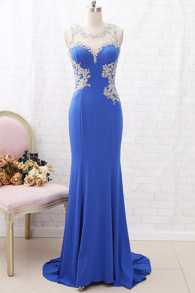 MACloth Mermaid Illusion Lace Jersey Long Prom Dress Royal Blue Formal Evening Gown