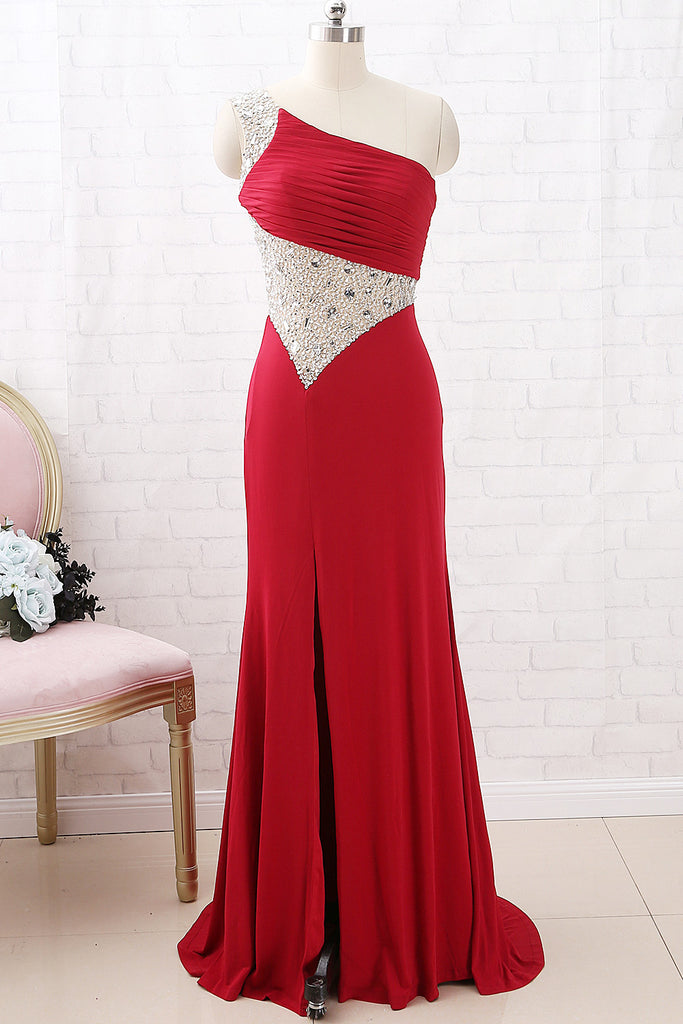 MACloth One Shoulder with Beaded Sheath Long Prom Dress Red Formal Evening Gown