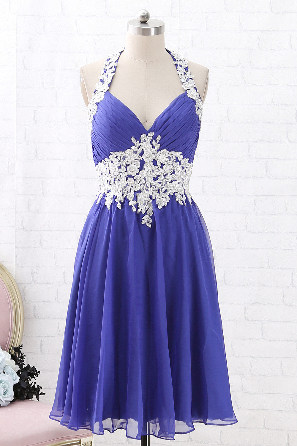 MACloth Halter V Neck Lace Chiffon Short Prom Homecoming Dress Regency MACloth Halter V Neck Lace Chiffon Short Prom Homecoming Dress Regency