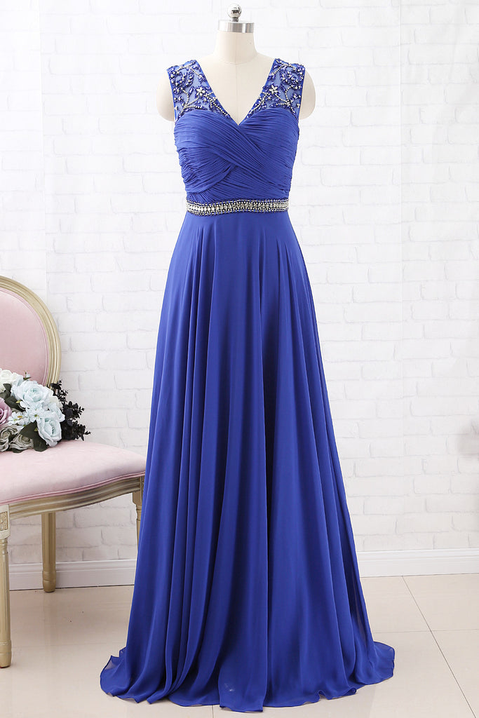 MACloth Straps V Neck with Beaded Chiffon Long Prom Dress Royal Blue Formal Evening Gown