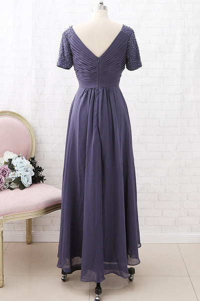 MACloth Short Sleeves with Beaded V Neck Steel Blue Mother of the Brides Dress Wedding Party Dress