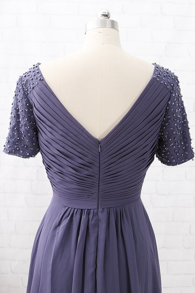 MACloth Short Sleeves with Beaded V Neck Steel Blue Mother of the Brides Dress Wedding Party Dress