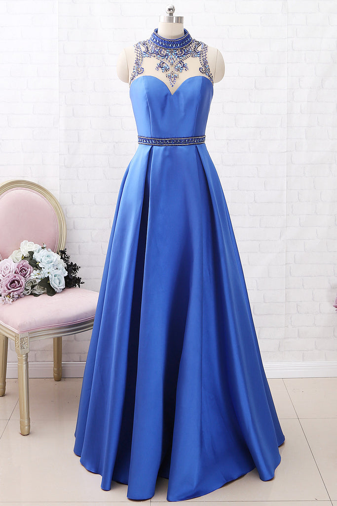 MACloth High Neck with Beaded Satin Maxi Prom Dress Royal Blue Formal Evening Gown with Pocket