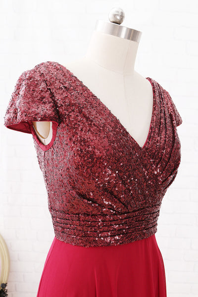 MACloth Cap Sleeves V Neck Sequin Chiffon High Low Mother of the Brides Dress Burgundy Formal Gown