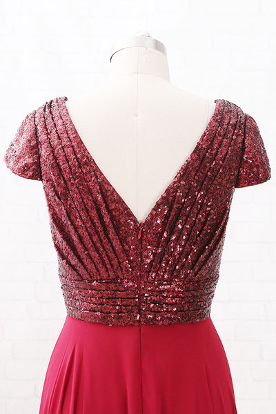 MACloth Cap Sleeves V Neck Sequin Chiffon High Low Mother of the Brides Dress Burgundy Formal Gown