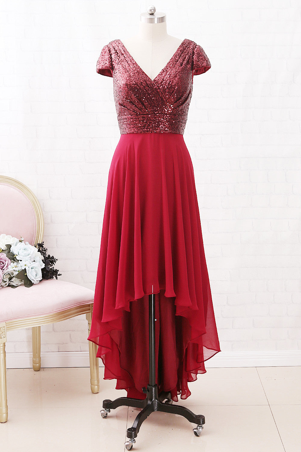 MACloth Cap Sleeves V Neck Sequin Chiffon High Low Mother of the Bride MACloth Cap Sleeves V Neck Sequin Chiffon High Low Mother of the Bride