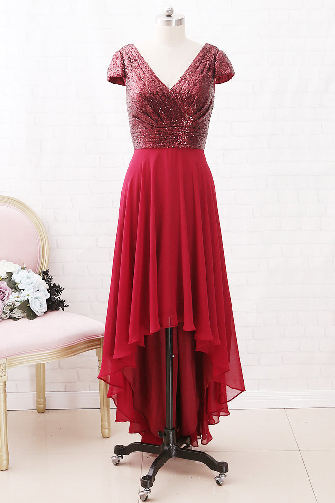 Vestido de gasa con escote en V y mangas cortas de MACloth para madre de la novia, con lentejuelas, corte alto bajo, color burdeos, vestido formal