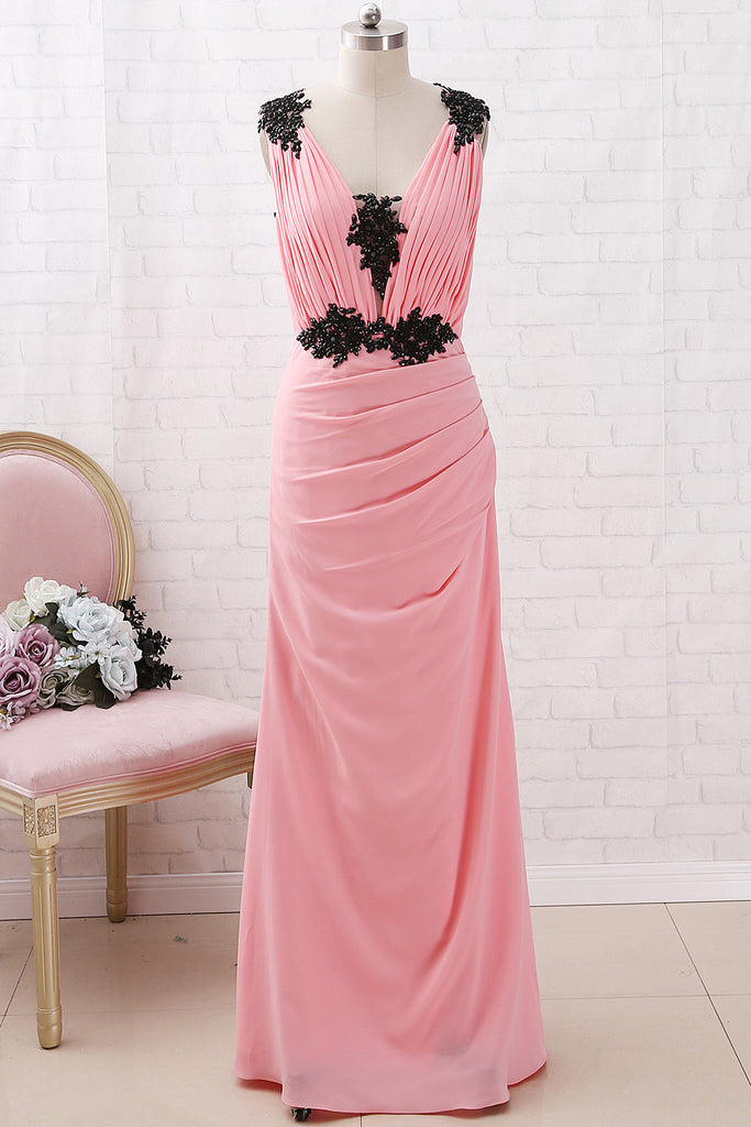 MACloth Straps V Neck with Lace Chiffon Maxi Prom Dress Blush Formal Evening Gown