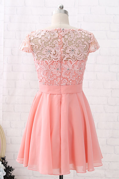 MACloth Cap Sleeves O Neck Lace Chiffon Mini Prom Homecoming Dress Peach Cocktail Dress