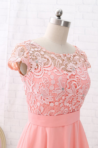 MACloth Cap Sleeves O Neck Lace Chiffon Mini Prom Homecoming Dress Peach Cocktail Dress