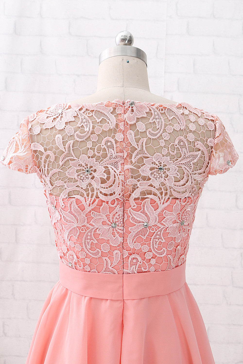 MACloth Cap Sleeves O Neck Lace Chiffon Mini Prom Homecoming Dress Peach Cocktail Dress