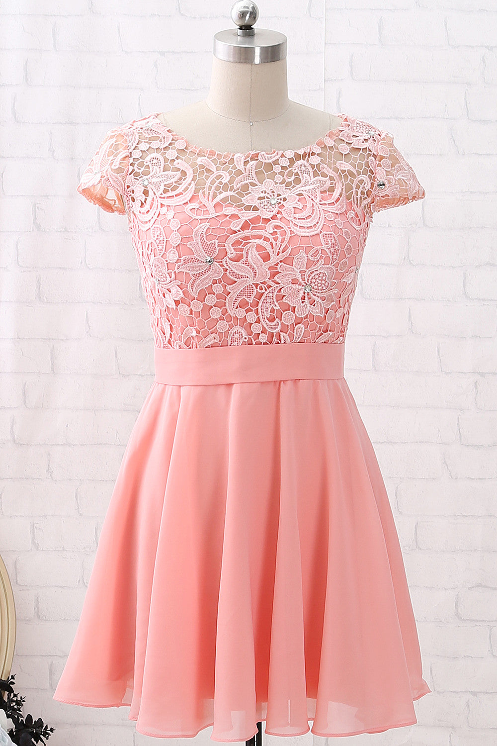 MACloth Cap Sleeves O Neck Lace Chiffon Mini Prom Homecoming Dress Peach Cocktail Dress Peach / Above Knee / US8 MACloth Cap Sleeves O Neck Lace Chiffon Mini Prom Homecoming Dress Peach Cocktail Dress Peach / Above Knee / US8