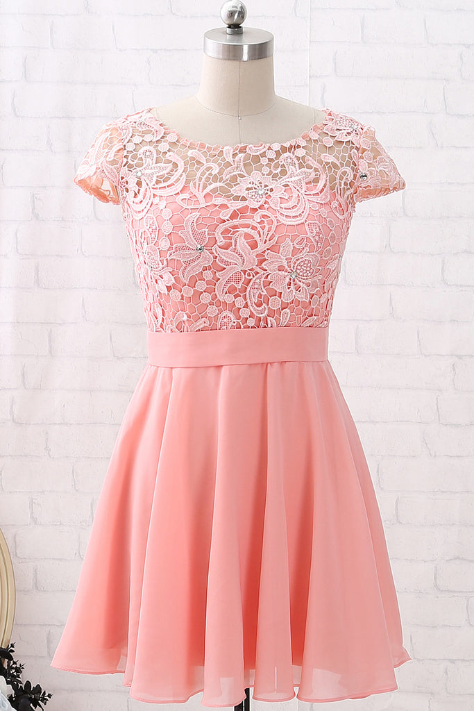 MACloth Flügelärmel O-Ausschnitt Spitze Chiffon Mini Ballkleid Homecoming Kleid Pfirsich Cocktailkleid