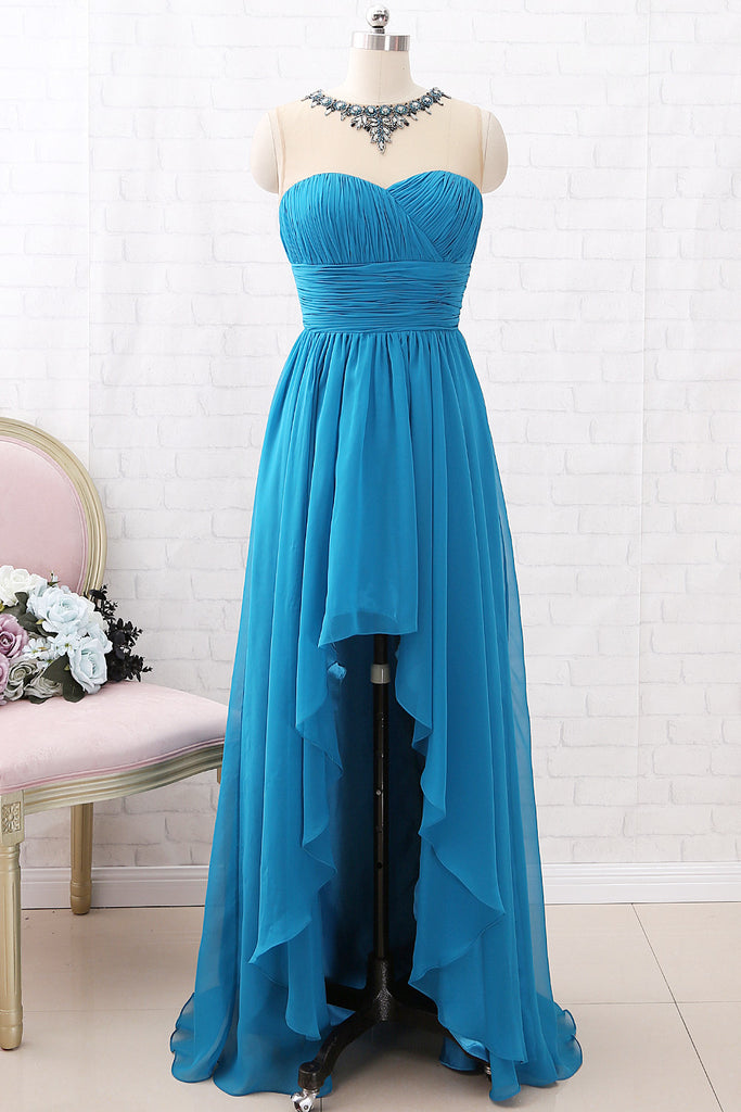 MACloth Straps Illusion with Beaded High Low Prom Dress Teal Formal Evening Gown