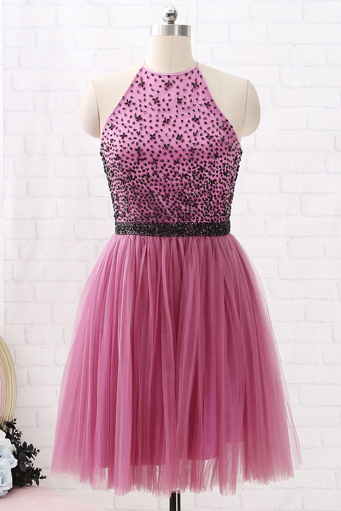 MACloth Halter with Beaded Short Prom Homecoming Dress Wisteria Tulle Cocktail Dress
